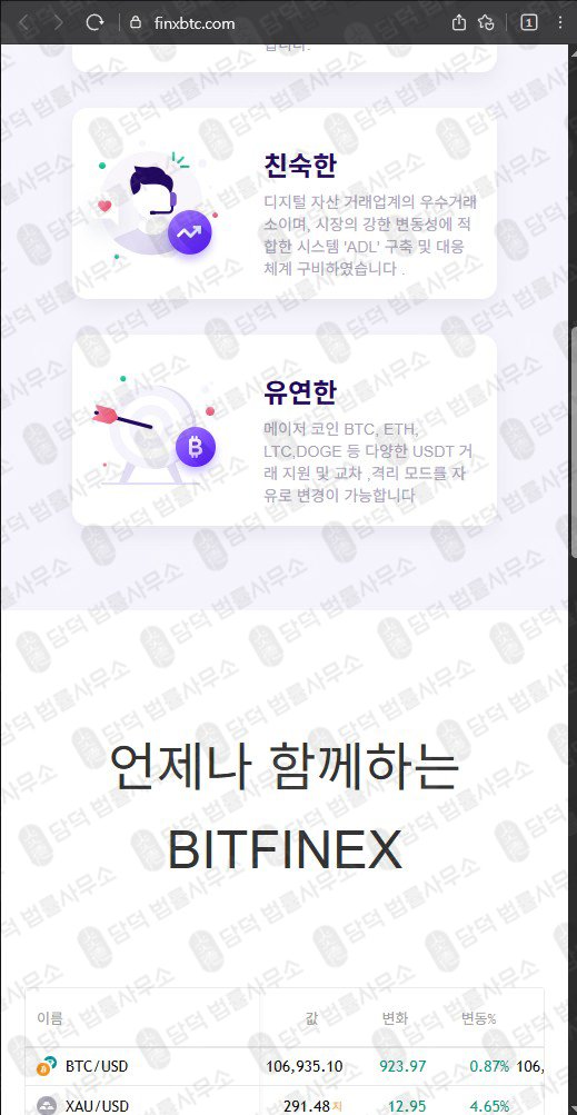 이 사진은 담덕법률사무소에서 캡쳐해둔 사칭(BITFINEX) 웹사이트 캡쳐 사진이며 URL은 finxbtc.com 입니다.