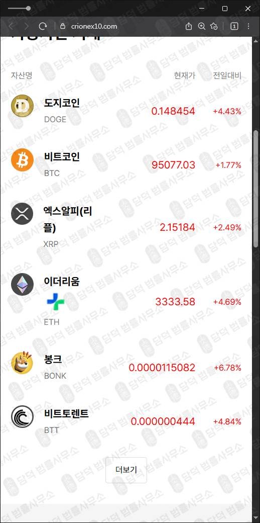 이 사진은 담덕법률사무소에서 캡쳐해둔 정체(CRION) 웹사이트 캡쳐 사진이며 URL은 crionex10.com 입니다.