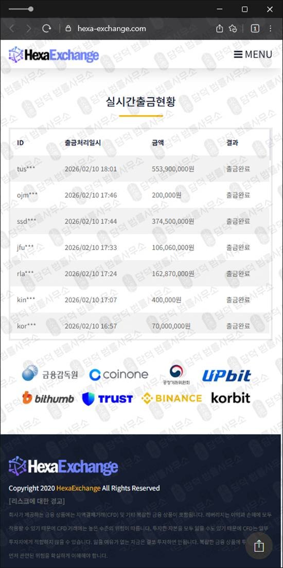 이 사진은 담덕법률사무소에서 캡쳐해둔 헥사익스체인지(HexaExchange) 웹사이트 캡쳐 사진이며 URL은 hexa-exchange.com 입니다.