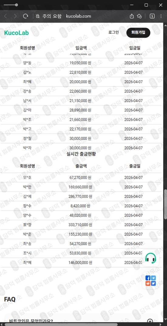 이 사진은 담덕법률사무소에서 캡쳐해둔 도용(KuCoin) 웹사이트 캡쳐 사진이며 URL은 kucolab.com 입니다.