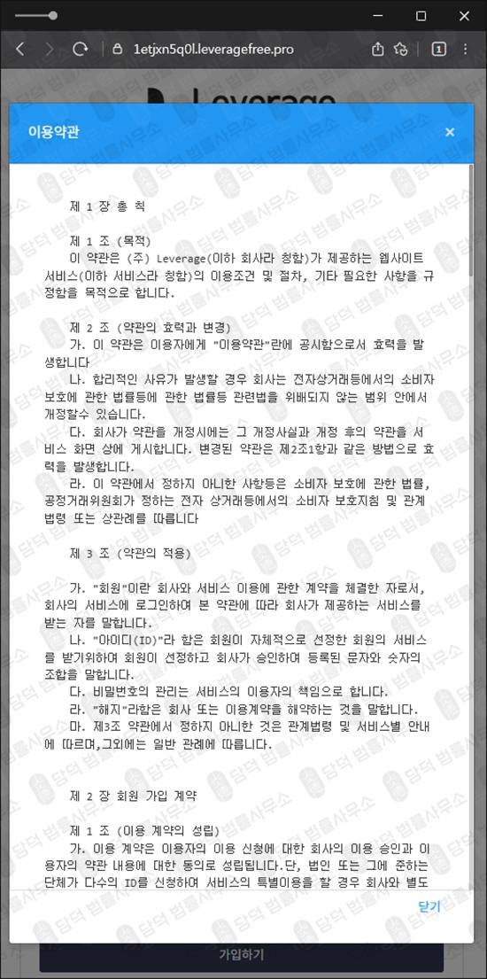 이 사진은 담덕법률사무소에서 캡쳐해둔 검증 웹사이트 캡쳐 사진이며 URL은 leveragefree.pro 입니다.