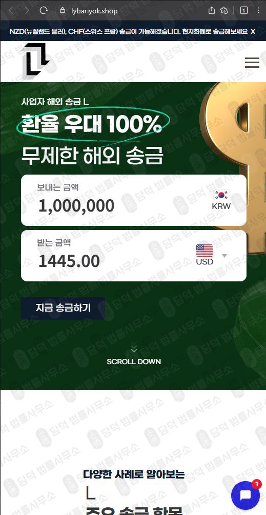 이 사진은 담덕법률사무소에서 캡쳐해둔 송금(SNS) 웹사이트 캡쳐 사진이며 URL은 lybariyok.shop 입니다.