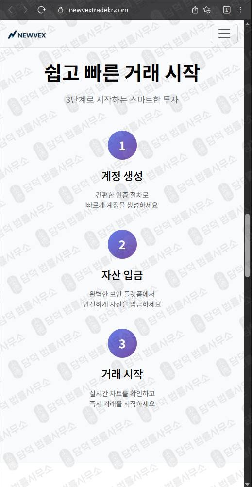 이 사진은 담덕법률사무소에서 캡쳐해둔 뉴벡스트레이드(NEWVEX) 웹사이트 캡쳐 사진이며 URL은 newvextrade.com 입니다.